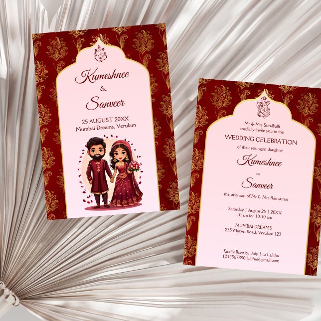 Maron och guld söt indisk möhippa par tecknad inbjudningar (Maroon and gold cute Indian bridal couple cartoon Invitation template instant download Hindu wedding)
