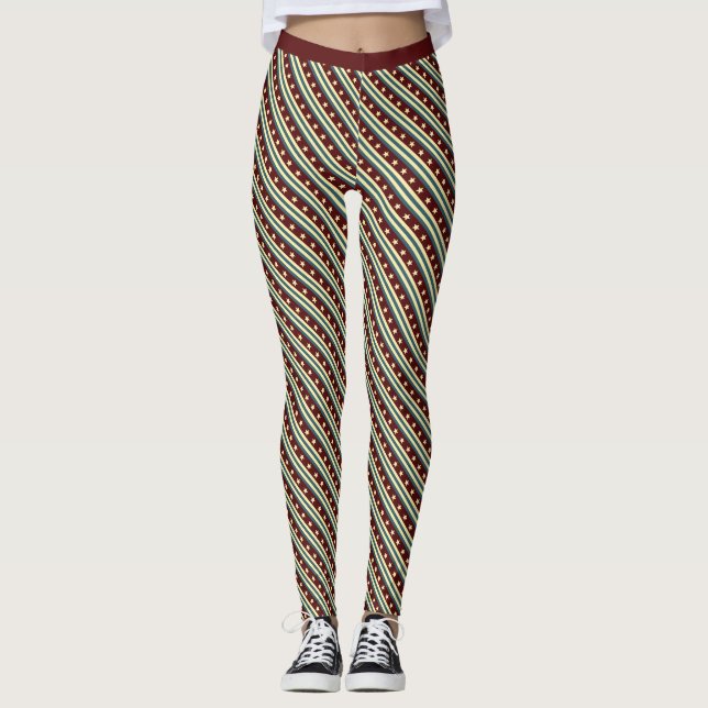 Maron och Gult Star Rand Mönster Gym Fitness Leggings (Framsida)