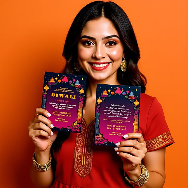 Maron och rosa Diwali Radiance Inbjudningar (Maroon and pink Diwali Radiance Invitation, customizable text on both sides)