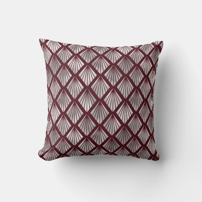 Maron och Silver Art Deco Diamond Mönster Kudde (Framsida)