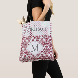 Maron och White Girly Trendig - första Monogram Tygkasse