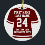 Maron Photo Football Sockey Sports Jersey Julgransprydnad Keramik<br><div class="desc">Mörk röd maronburgundi färg, Replikatsportarsej med din superstjärniga idrottsmans namn, nummer och team. Underbar för fotbollslag, fotbollsspelare eller hockeyidrottsman! Lägg till din text på framsidan av den här personligen och sportera julgranen, Helgdag eller Auto Ornament för bil. Har t-shirt-tröjform, med ett streck med olika streck på framsidan med ditt namn,...</div>