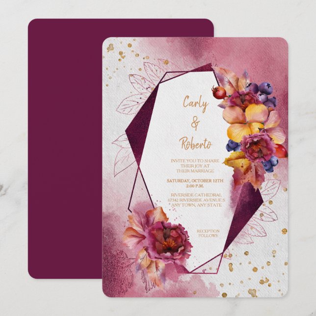 Maron Rosa Blommigt Modern Geometric Ram Bröllop Inbjudningar (Fram/baksida)