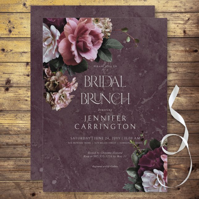 Maron & Rosa Blommigt Modern Möhippa Brunch Inbjudningar (Maroon & Pink Floral Modern Bridal Brunch Invitation)