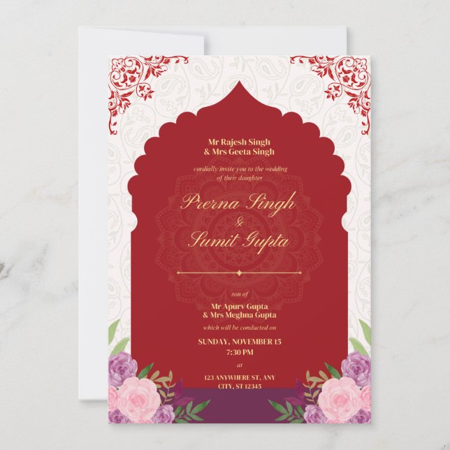 maronfärgad bröllopskort med guldfärg text inbjudningar (Framsida)