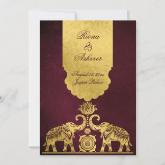 Maroon and gold elephants luxury Indian wedding  Inbjudningar