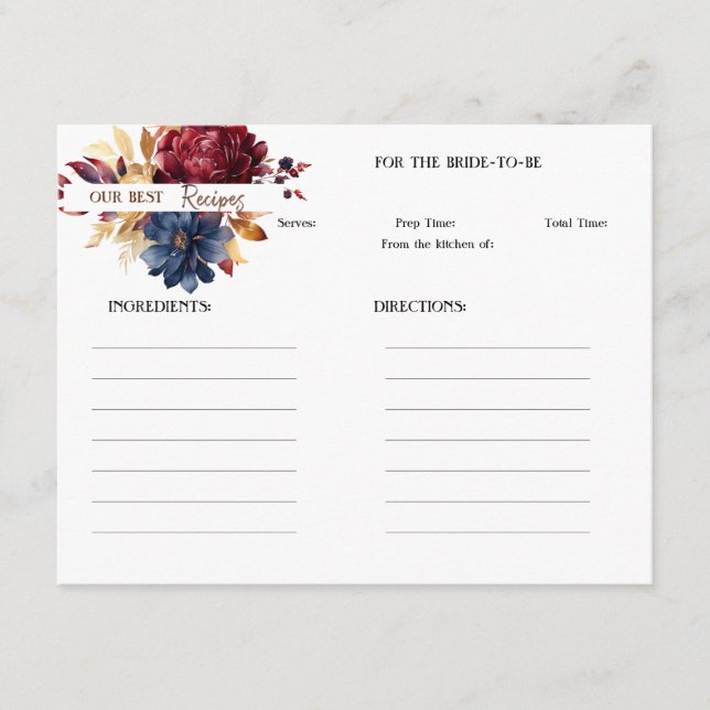 Maroon and Navy Floral Recipe Card Anteckningskort (Framsida)