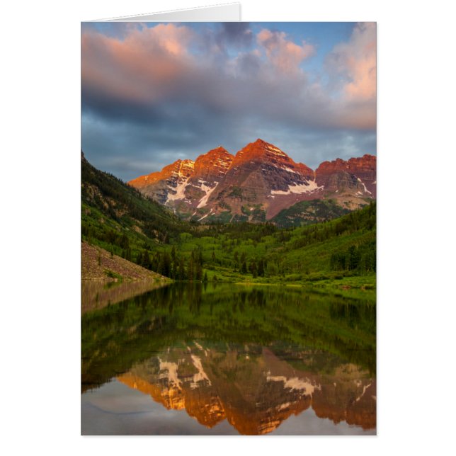 Maroon Bells reflekteras i lugna Maroon Lake 3 Hälsningskort (Framsidan)
