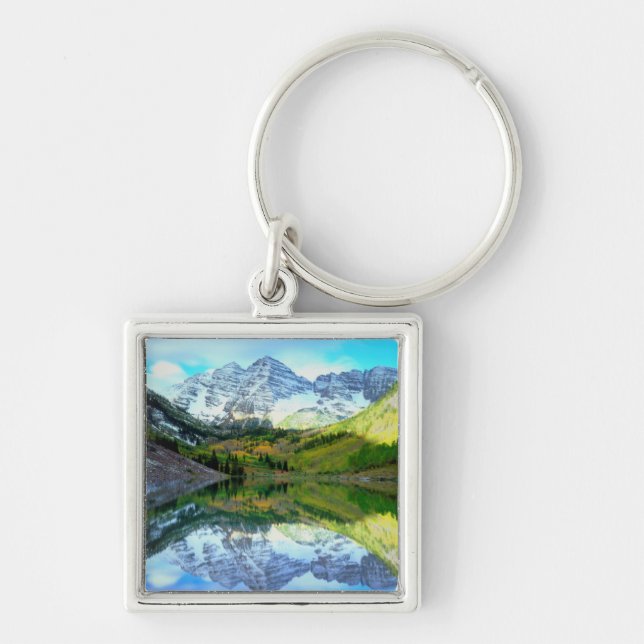 Maroon Bells speglas i Maroon Lake Fyrkantig Silverfärgad Nyckelring (Framsidan)
