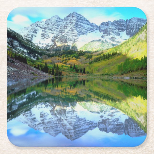 Maroon Bells speglas i Maroon Lake Underlägg Papper Kvadrat (Framsidan)
