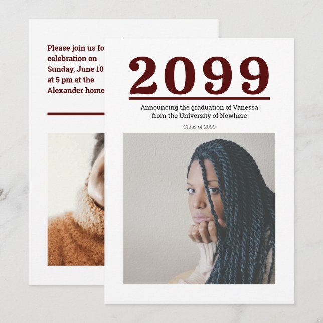 Maroon Big Numbers Two-Photo Studenten (Fram/baksida)