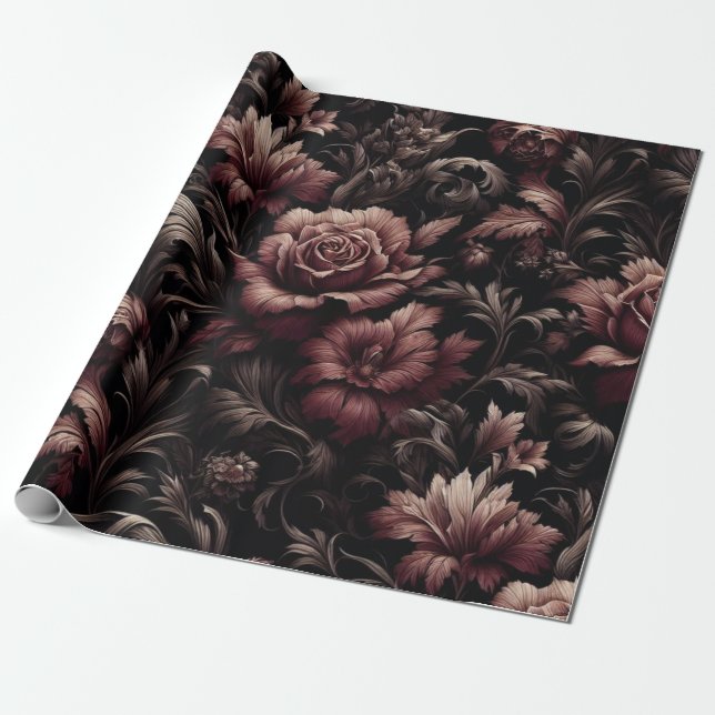 Maroon Black Blommigt Gift Wrapping Papper Presentpapper (Utrullad)