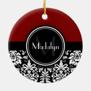 Maroon Black White Damask Monogram Brev Julgransprydnad Keramik