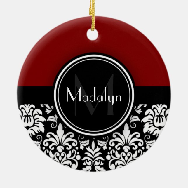 Maroon Black White Damask Monogram Brev Julgransprydnad Keramik (Baksidan)