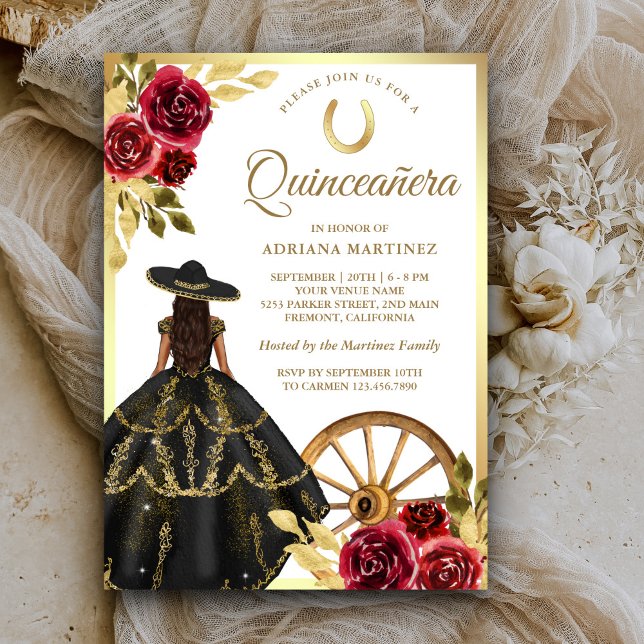 Maroon Blommigt Black Dress Charro Guld Quinceaner Inbjudningar (Skapare uppladdad)