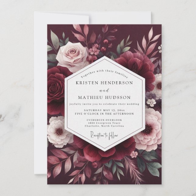 Maroon Bloom Romance Wedding Inbjudningar (Framsida)