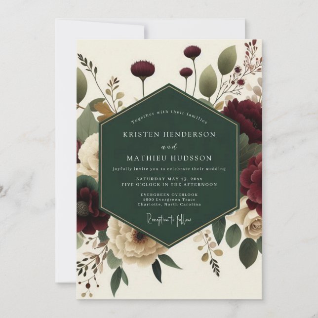 Maroon Bloom Romantic Elegance Wedding Inbjudningar (Framsida)