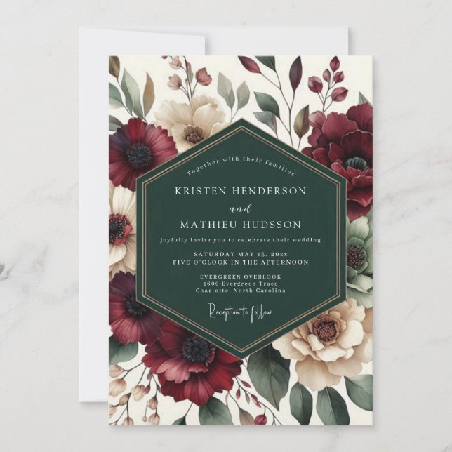 Maroon Bloom Romantic Wedding Inbjudningar (Framsida)