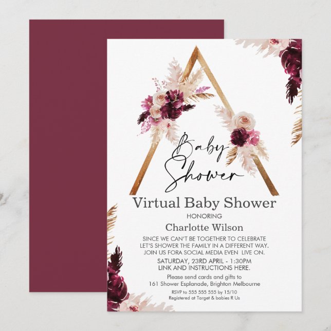 Maroon Boho Pampas Virtuell Baby Shower-inbjudan Inbjudningar (Fram/baksida)