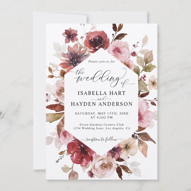 Maroon Brown  Rosa alla i 1 QR-kod Bröllop Inbjudningar (Framsida)