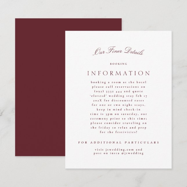 Maroon Burgundy Classic Elegant Formal Bröllop Tilläggskort (Fram/baksida)