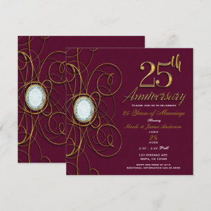 Maroon Burgundy & Gold Diamond 25 25-årsjubileum Inbjudningar