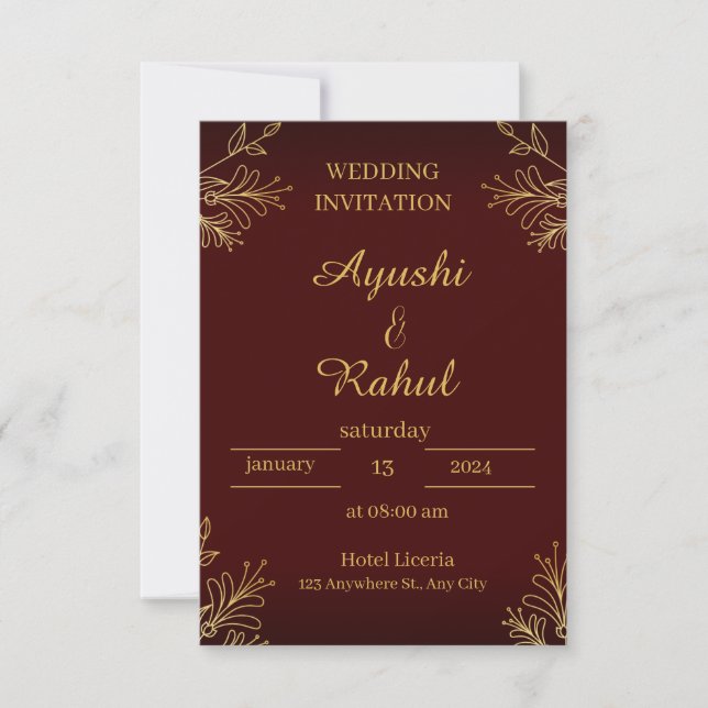 Maroon Burgundy Gold Foil Look Wedding Invitation Spara Datumet (Framsida)