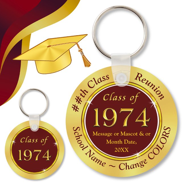 Maroon Burgundy Guld, Anpassningsbar Class of 1971 Nyckelring (Class of 74. Maroon 50th reunion favors. The class of 74. Class of 74. High school reunion party. )