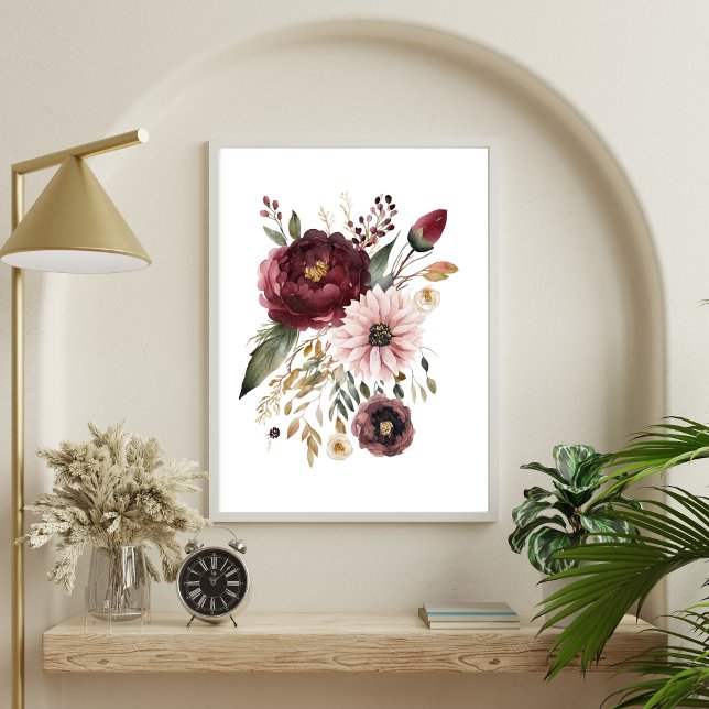 Maroon Burgundy Rosa Watercolor Blommigt Botanical Poster (Burgundy Maroon Blush Pink Watercolor Floral Botanical Poster)