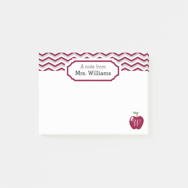 Maroon Chevron Apple Monogrammed Teacher Note Post-it Block (Framsida)