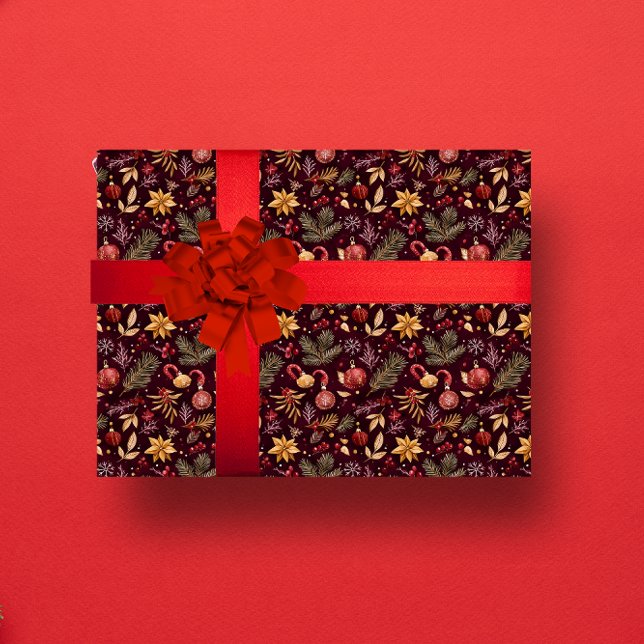 MAROON CHRISTMAS FESTIVE BOTENICAL DEKORATION PRESENTPAPPER (MAROON CHRISTMAS FESTIVE BOTENICAL DECORATION WRAPPING PAPER)