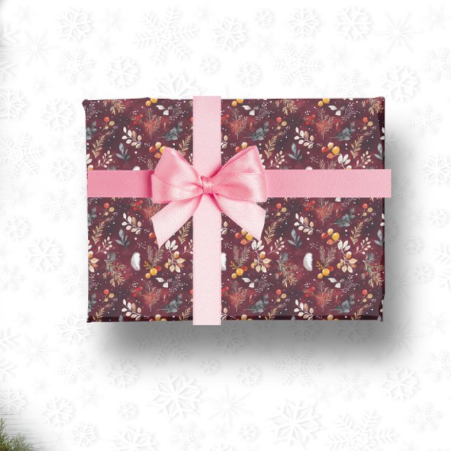 MAROON CHRISTMAS FESTIVE DEKORATION FEATHER BLOMMI PRESENTPAPPER (MAROON CHRISTMAS FESTIVE DECORATION FEATHER FLORAL WRAPPING PAPER)