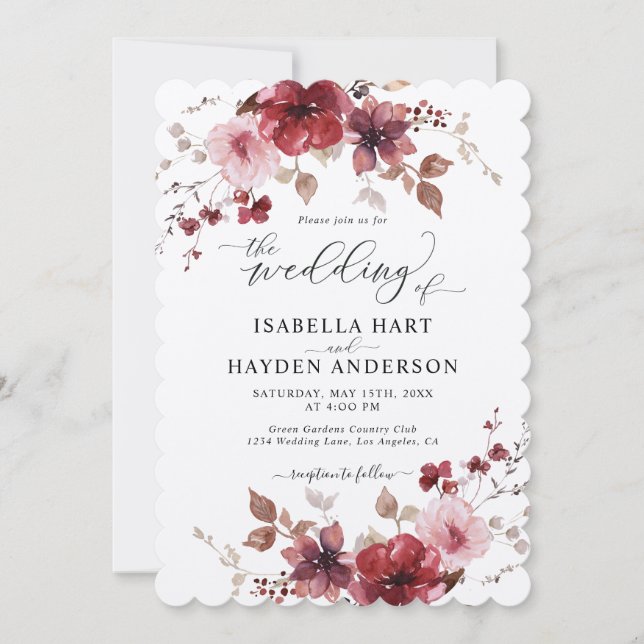 Maroon Dusty Rose Floral All In 1 QR Code Wedding Inbjudningar (Framsida)