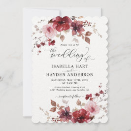 Maroon Dusty Rose Floral All In 1 QR Code Wedding Inbjudningar