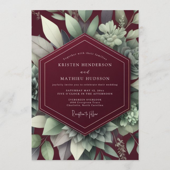 Maroon Elegant Succulent Wedding Inbjudningar (Framsida)