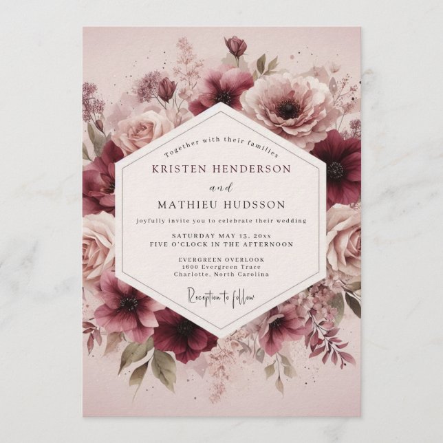 Maroon Ethereal Bloom Wedding Inbjudningar (Framsida)
