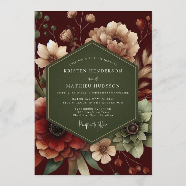 Maroon Forest Bloom Wedding Inbjudningar (Framsida)