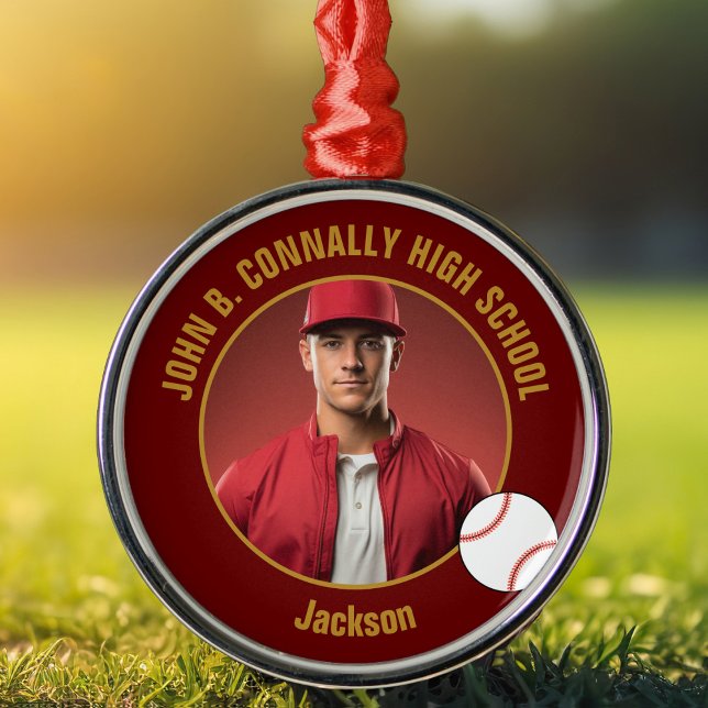 Maroon Gold Baseball Player Photo Christmas Julgransprydnad Metall (Skapare uppladdad)