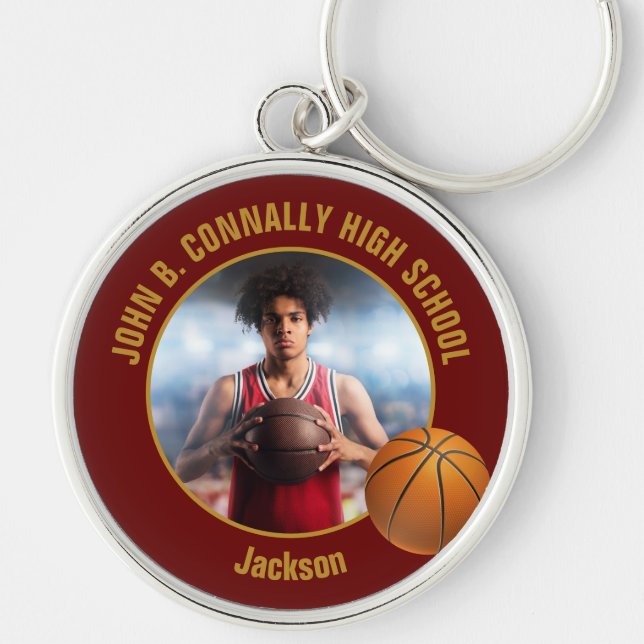 Maroon Gold Basketspelare Foto Rund Silverfärgad Nyckelring (Framsidan)