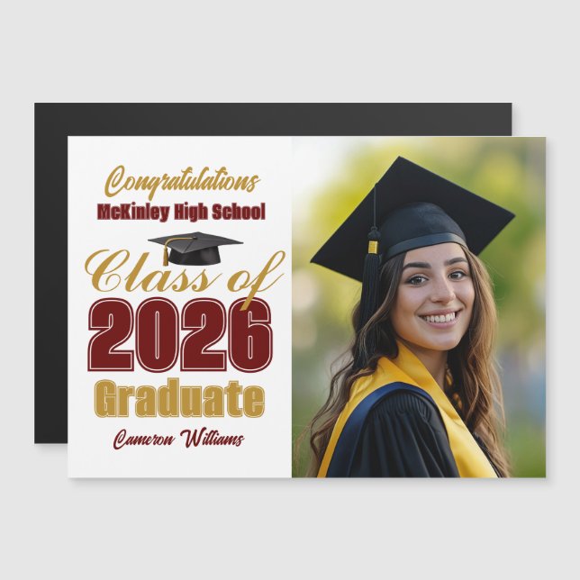 Maroon Gold Class of 2026 Graduation Photo Magnet (Fram/baksida)