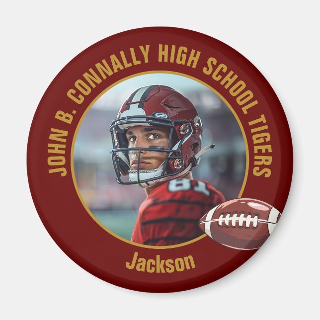 Maroon Gold High School Football Player Photo Magnet (Framsidan)