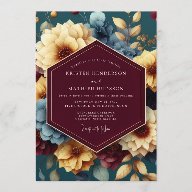 Maroon & Gold Opulent Floral Wedding Inbjudningar (Framsida)