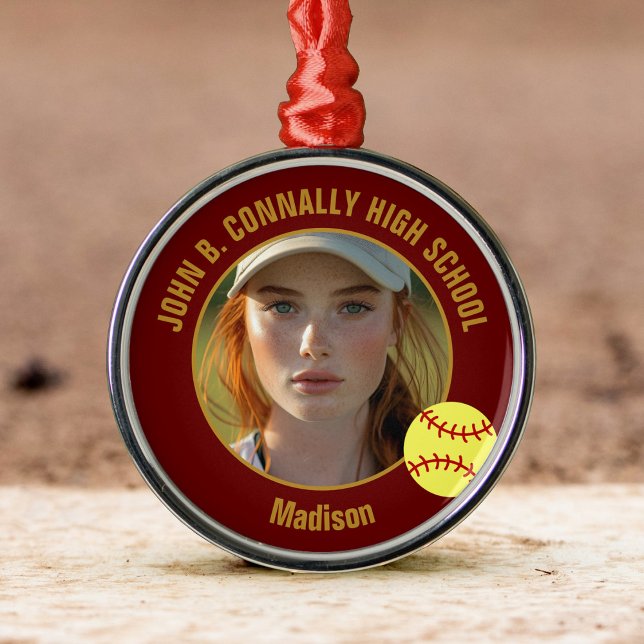 Maroon Gold Softball Player Photo Christmas Julgransprydnad Metall (Skapare uppladdad)