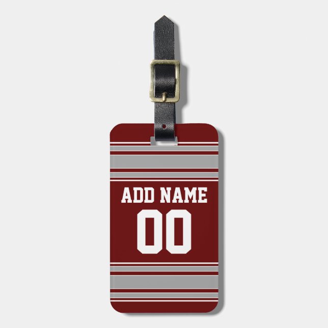 Maroon Grått Football Jersey Custom Name Number Bagagebricka (Vertikal Framsida)