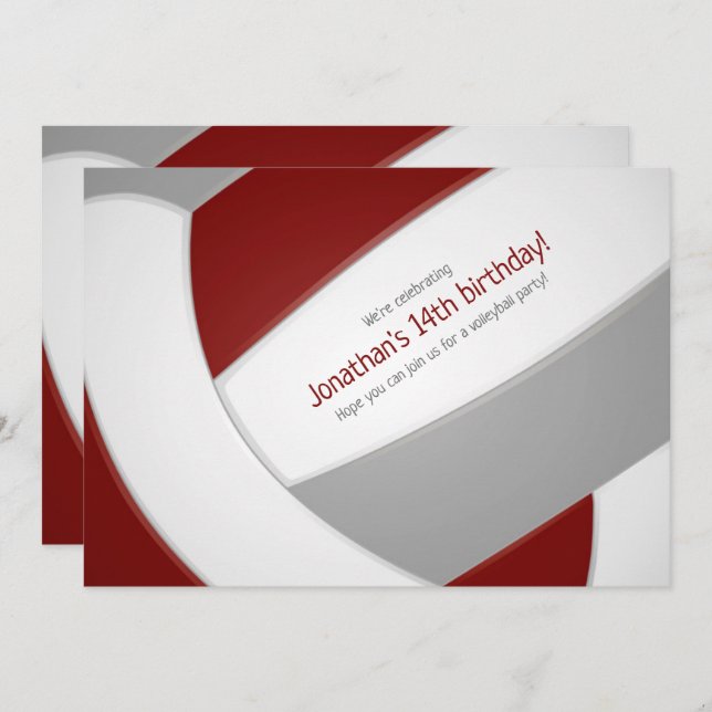 Maroon grått volleyball-pojkar flick kalas inbjudningar (Fram/baksida)