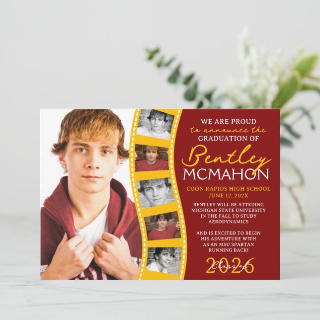Maroon & Guld 6 Photo Filmremsa Grad Announcement Inbjudningar (Stående Fram)