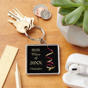 Maroon Guld Black Ribbon Swirl Studenten Keychain Fyrkantig Silverfärgad Nyckelring