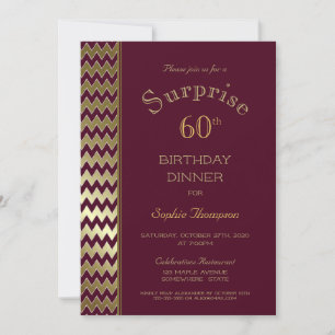 Maroon Guld Chevron Surprise 60:e födelsedag Inbjudningar