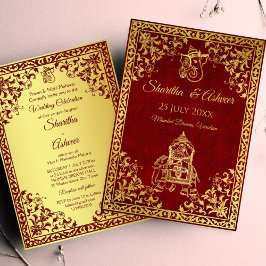 Maroon guld elephant Indian brides lyxury bröllop Inbjudningar