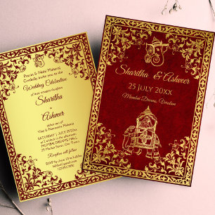 Maroon guld elephant Indian brides lyxury bröllop Inbjudningar